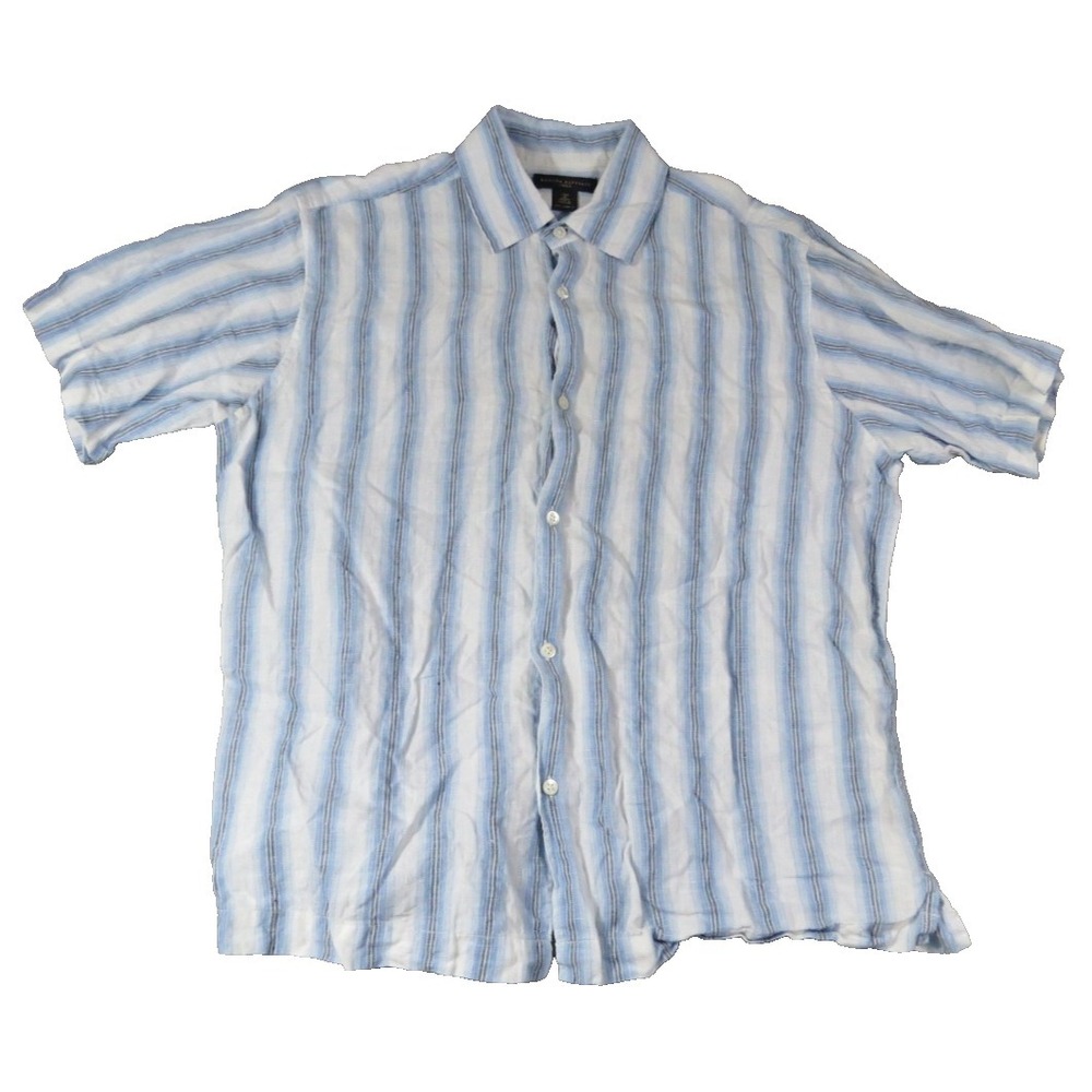 Banana Republic Shirt Short Sleeve Stripe 100% Linen Casual Men M Blue White SS